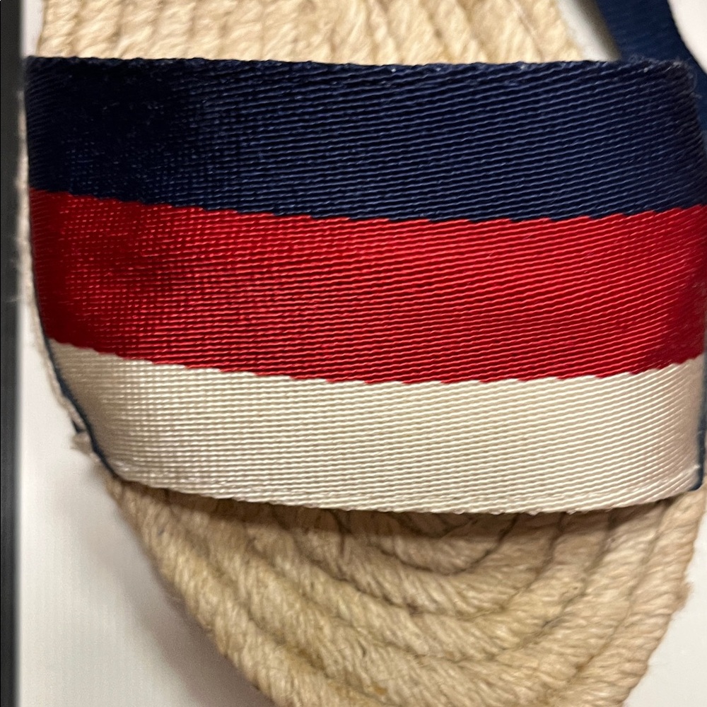 Gucci Navy, Red & Cream Espadrille Wedge Sandals with Ankle Ties - Picture 4 of 10